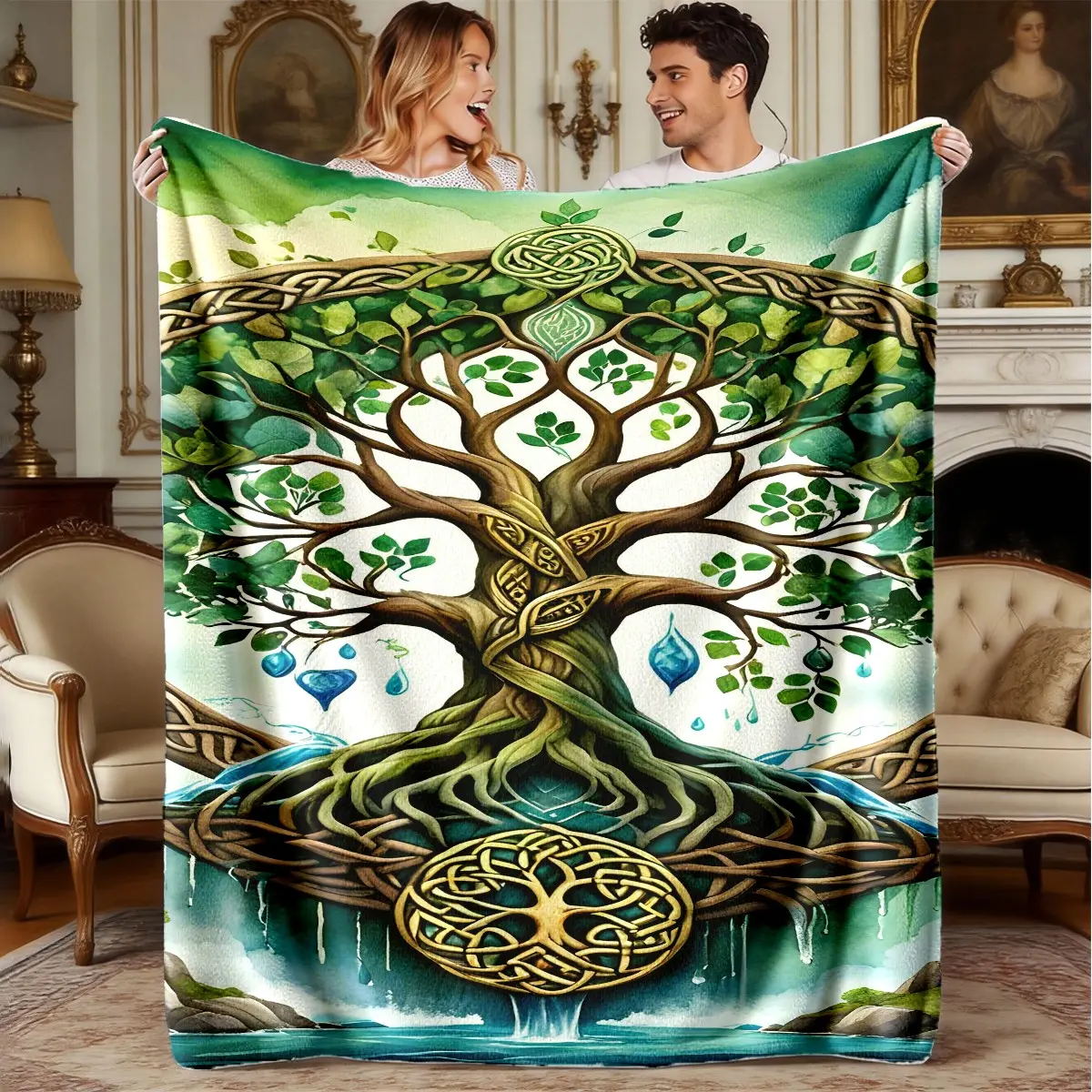 Ultra Soft Flannel Blanket, Premium Fuzzy Bedspread, Lightweight Multi-Use Throw, Celtic Tree Print, Ideal for All Seasons