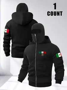 Men's Mexican Flag Graphic Print Casual Zipper Hoodie Jacket, Warm Windproof Long Sleeve Fleece Lined, Fall & Winter Fashion Sweatshirt