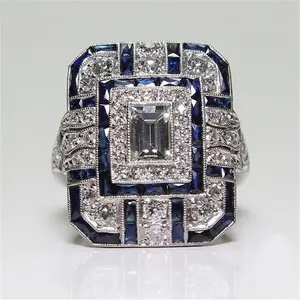 wish is a popular European and American fashion wedding gifts for women accessories Square white ring with synthetic Blue gem and zircon