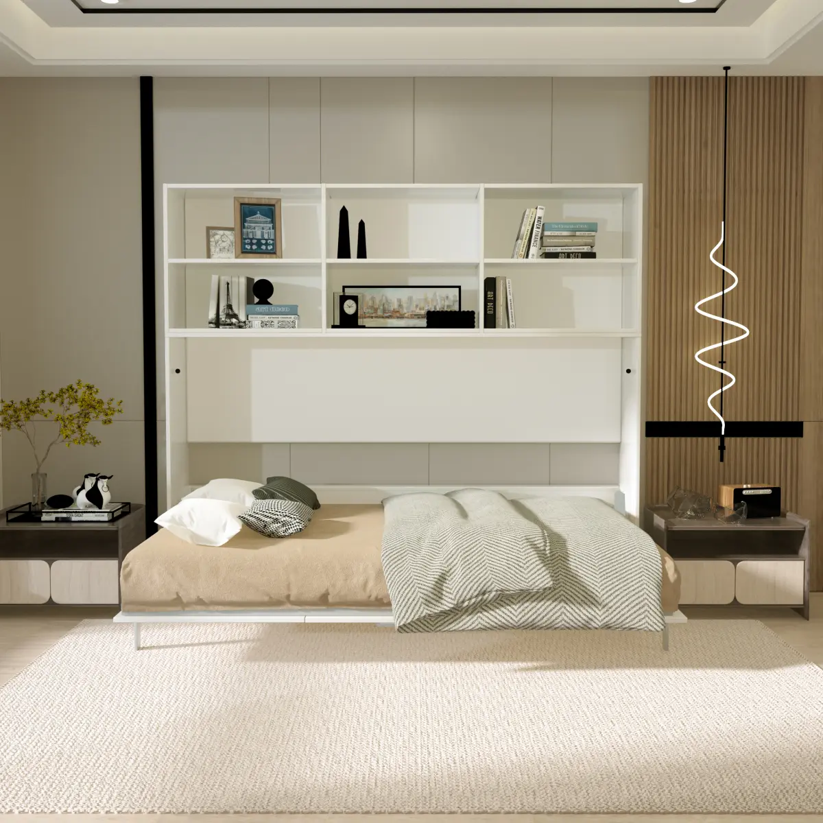 Horizontal Twin Size Contemporary Modern Murphy Storage Bed - Plywood-Metal Frame, Double Layer Storage Shelf, Convenient Bookshelf, New Style Gas Struts, 1000lb Weight Capacity, Assembly Required for Bedroom White Wall Space-Saving Modern Home Decor Use