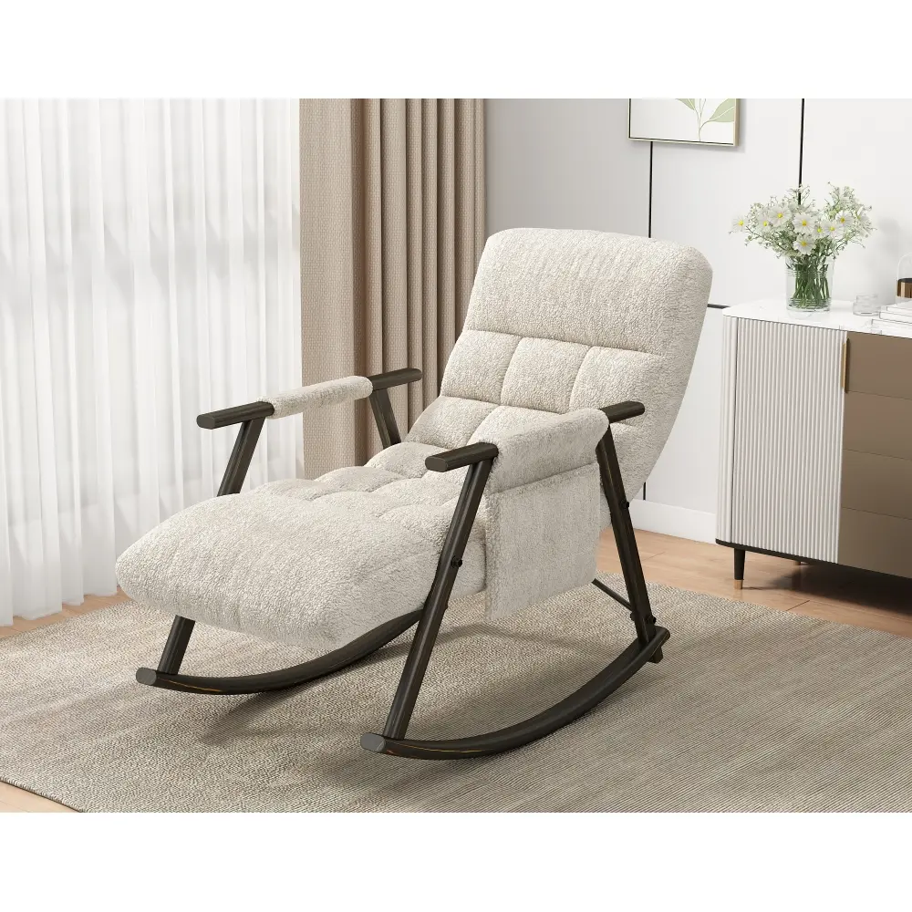 kaelin rocking chair Casual folding rocking chair upholstered, lounge rocking chair adjustable high back and foot rest,side pockets placed in living room bedroom balcony