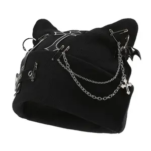 Women’s Gothic Cat Ear Beanie with Punk Chain & Bat Charm, Y2K Grunge Winter Cap, Adjustable, Machine Washable, Black Streetwear Accessory