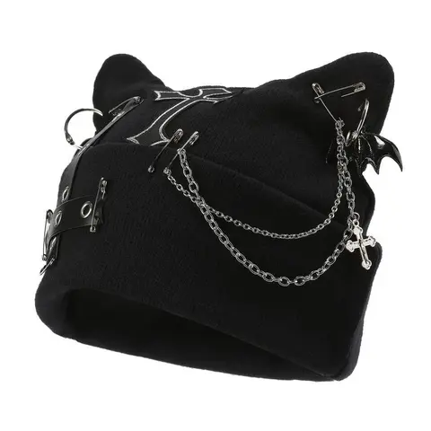 Women’s Gothic Cat Ear Fitted Fashion Beanie Hat - Punk Chain, Bat Charm, Adjustable, Machine Washable Black Y2K Grunge Streetwear Trendy Stylish Hat, Alt Accessories for Women