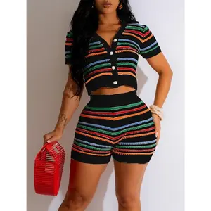 Women 2 Piece Sets Summer Outfits Crochet Button Down Shirts Hollow Out See Through Color Block Tracksuit Shorts Sets Women's Colorblock Striped Print Button Front Fitted Crop Cardigan & High Waist Shorts Sweater Co-ord Set