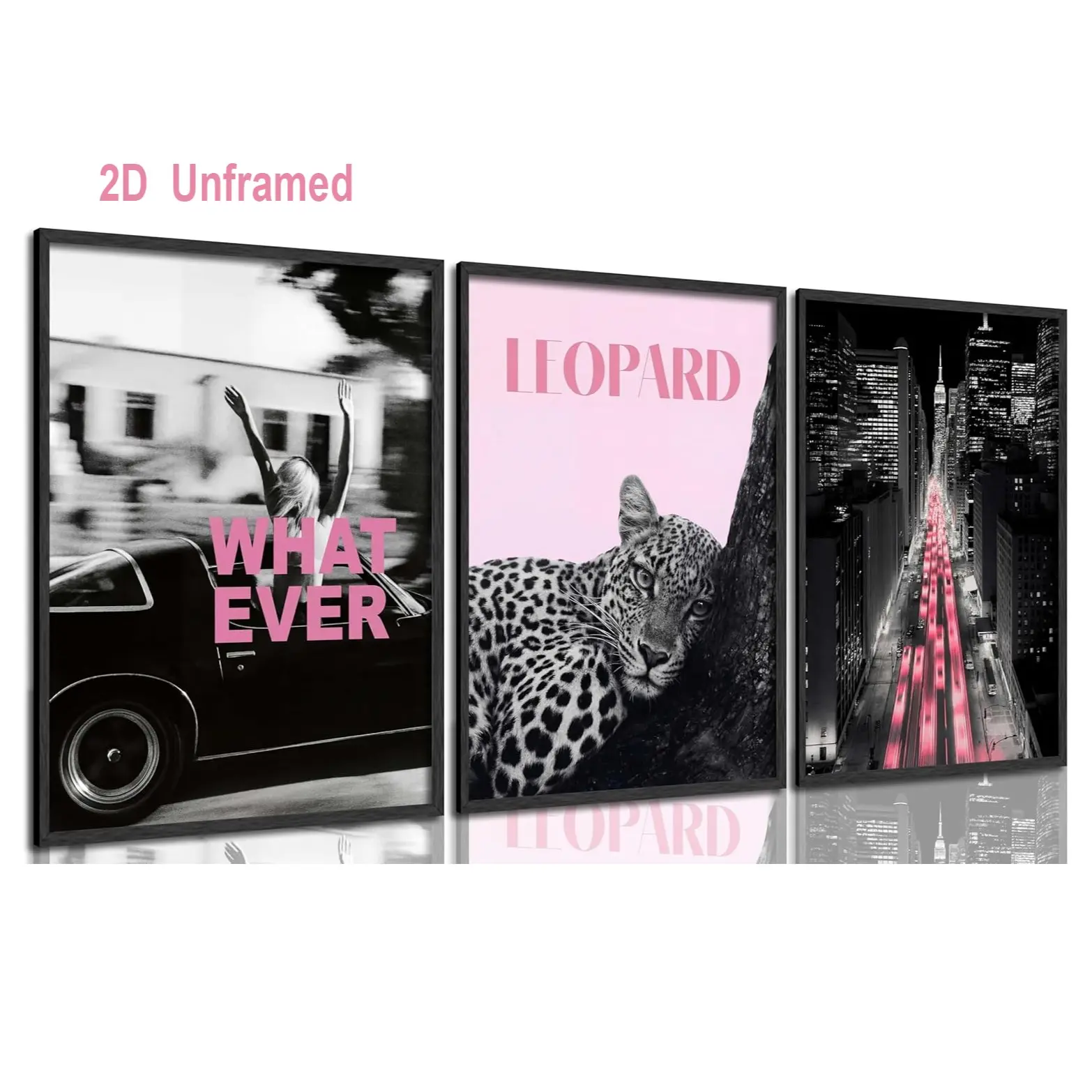 3-Piece Frameless Fashionable Leopard Print Wall Art Set—Trendy Pink Leopard Print, Convertible Car Poster Set, Neon City Skyline Canvas Art, Perfect for Aesthetic Wall Decor in Living Rooms, Bedrooms, and Bars