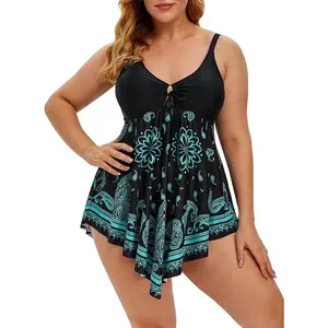 Womens Plus Size Curve Paisley Handkerchief Padded Modest Tankini Swimsuit