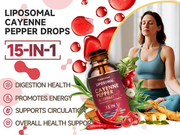 2026 Liposomal Cayenne Pepper Liquid Drops 15-in-1 Formula | Berberine, D3 K2, Beet Root, Ginseng | Circulatory Health, Metabolism & Energy Boost, Digestive Support | 2 Fl Oz (30ml) Natural Dietary Supplement