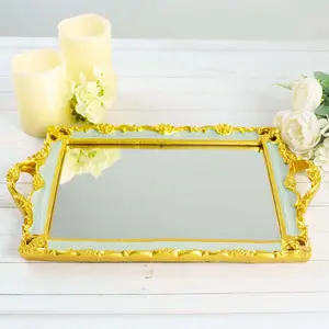 Resin Mirrored Serving Tray 15"x10" Rectangle Mint Green with Gold Baroque Design - Stylish Decorative Vanity Tray Centerpiece
