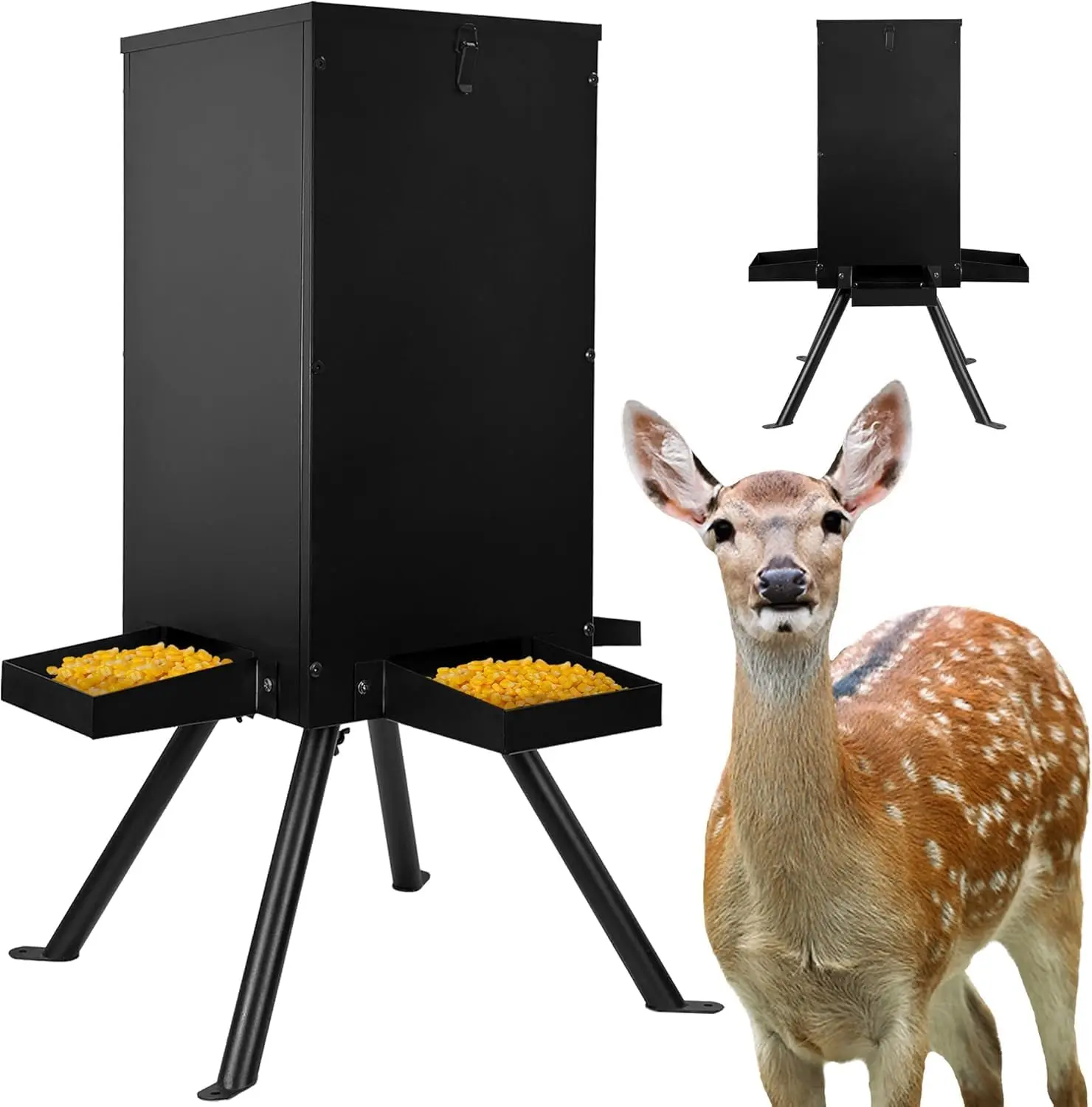 85lbs Deer Feeder, Weatherproof Deer Feeders with 4 Feeding Tray and 4-Leg Stand, Heavy Duty Metal Gravity Feeder for Deers and Wildlife (Black)
