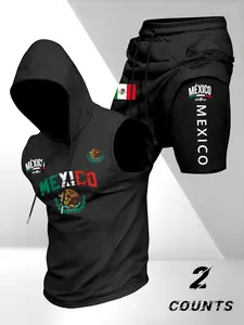 Men's Fitness Training Set, Hooded Sleeveless Vest + Two-Piece Gym Shorts, Mexican Patriotic Print, Ideal for Gym, Running, Basketball