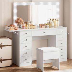 IRONCK 46''W 11 Drawers Makeup Vanity Set with LED Mirror & Power Outlet, Fold-up Panel,Glass Top, Dressing Table with Storage Bench for Bedroom, 3 Lighting Color Adjustable