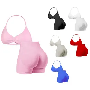 New Women's Sporty Yoga Set, High-Waist Tight-Fitting Shorts and Halter Top, Summer Fitness for Running and Gym, Gym Tights Clothes