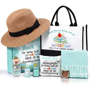 Funnymoom Thank You Teacher Gifts Beach Gift Basket Summer Teacher Appreciation Gifts with Sun Hat Beach Towel Makeup Bag Bracelet End of Year Graduation Back to School Birthday Set of 8 for Women