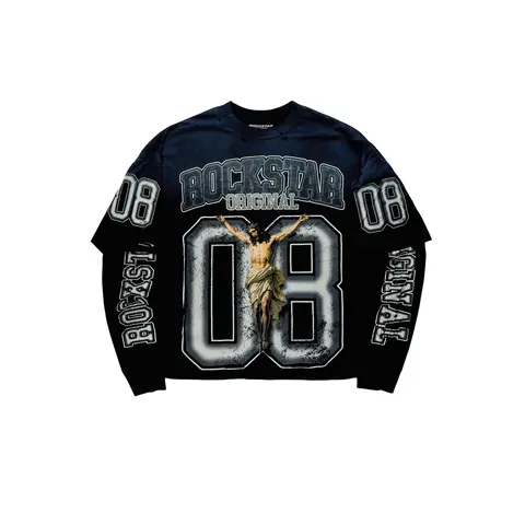 Fields Black/Grey Double Layer Distressed Long Sleeve Graphic T-Shirt