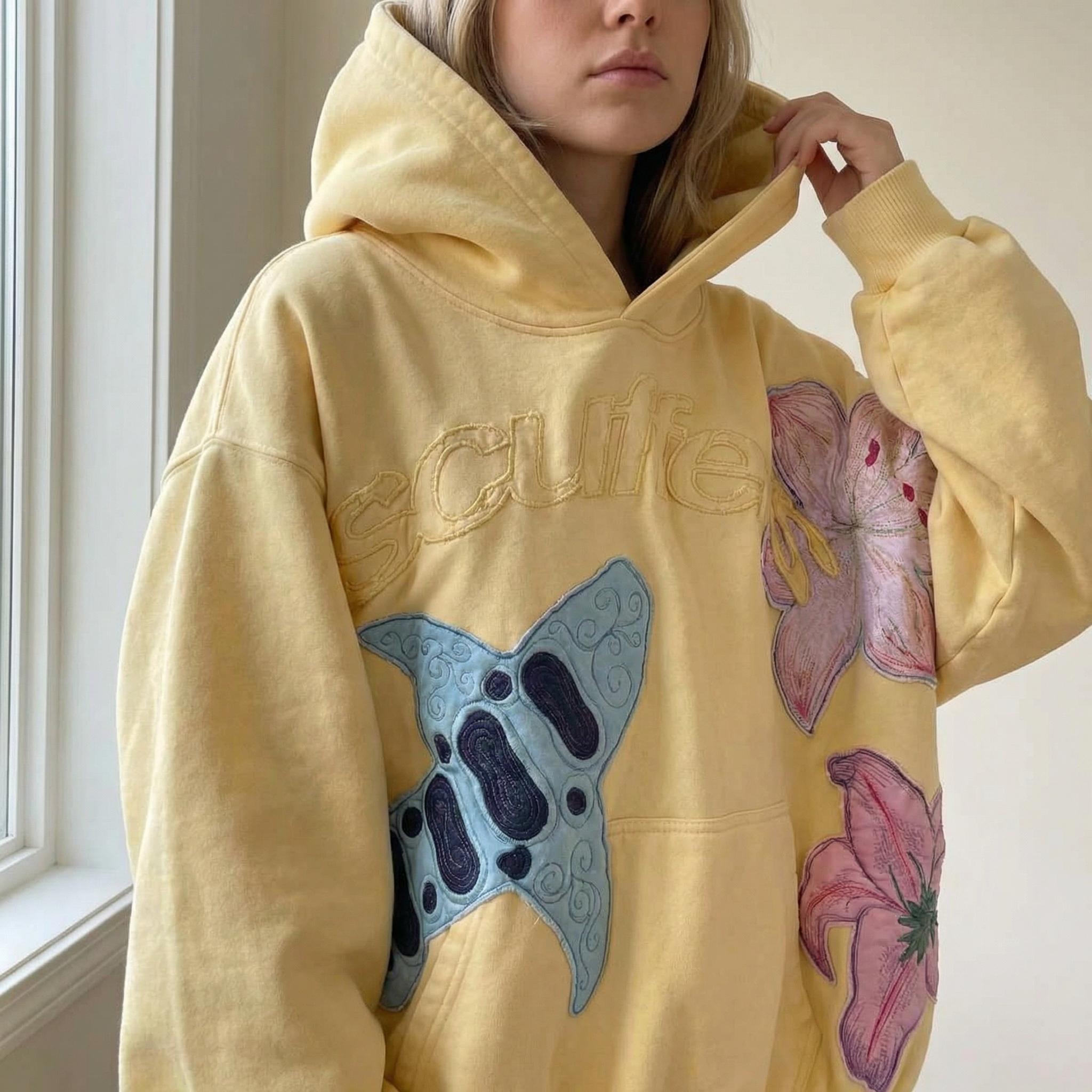 Women’s Y2K Oversized Hoodie Comfy Heavyweight Sweatshirt  Floral Applique Embroidery Vintage Indie Cozy Streetwear