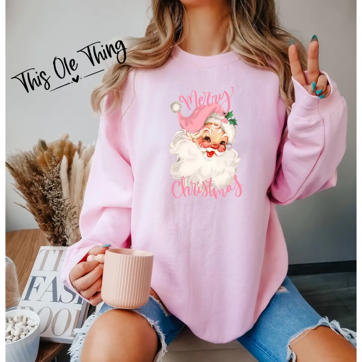 Women's Vintage Santa Sweatshirt - Comfortable Long Sleeve Top for Holidays christmas crewneck soft material round neck heavyweight cotton funny sweat