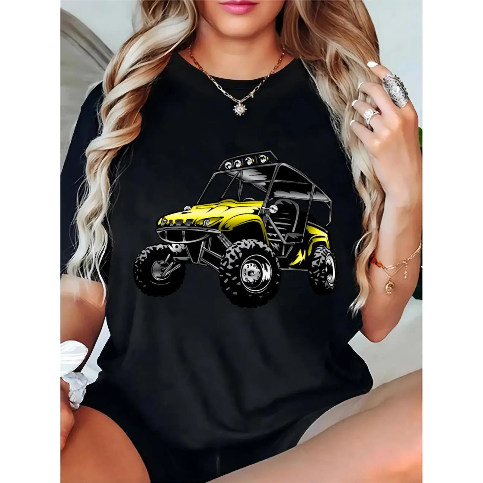 Women's Black Graphic T-Shirt with Yellow Off-Road Buggy ATV Print | Casual Outdoor Adventure Summer Casual Top for Women