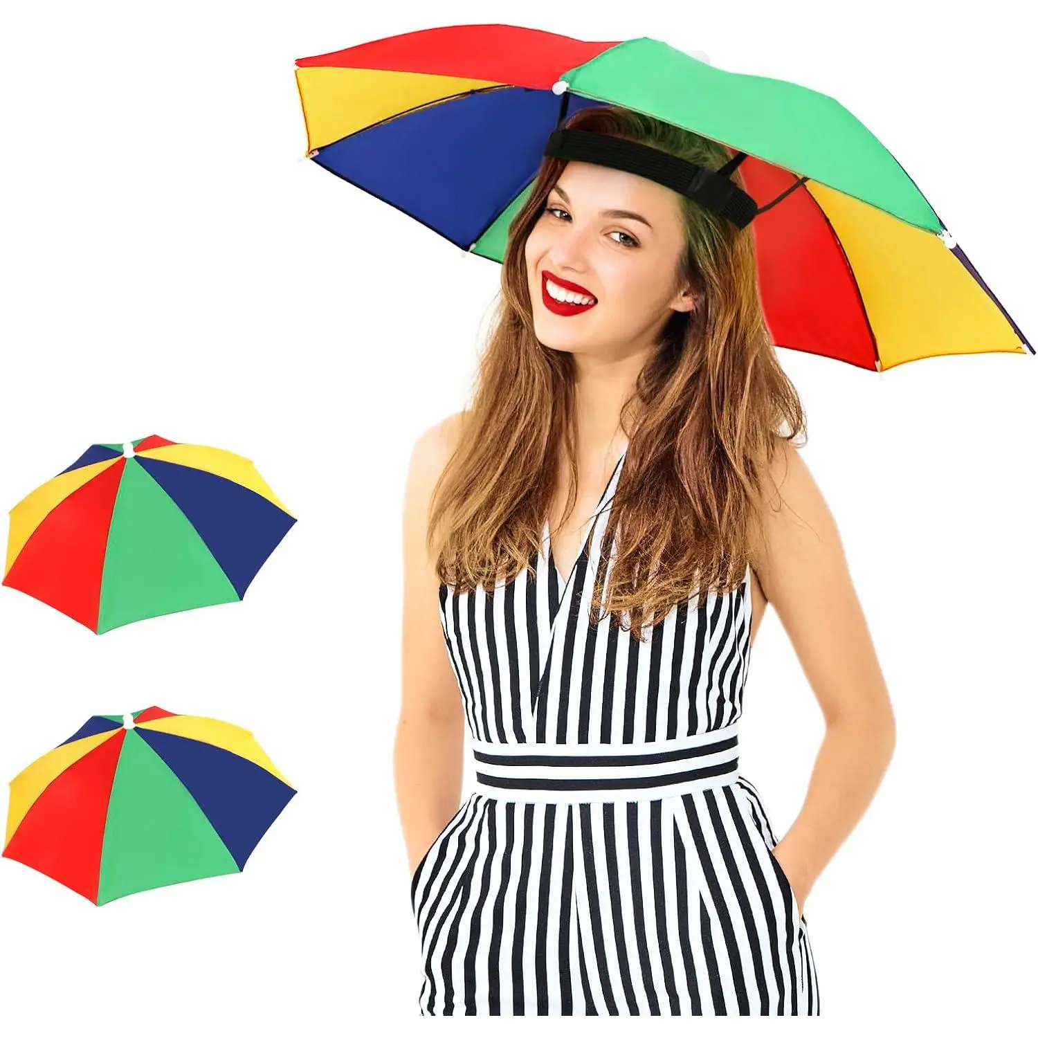 Waterproof Rainbow Stripe Umbrella Hat 2-Pack - Adjustable, Lightweight, Hands-Free, One Size Fits All for Sun & Rain, Party Use, Kids & Adults