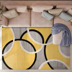 Modern Abstract Interlocking CircleGeometric Flannel Area Rug Yellow Grey Black WhiteContemporary Print Soft Mat for Living Room, Non-Slip MinimalistHomeDecor#AbstractInterlockingCircleRug #GeometricContemporaryMat #MinimalistHomeDecor  #NonSlipFlannelRug