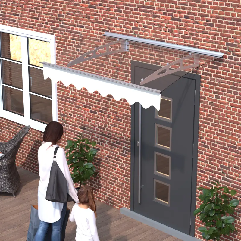 Door Window Awning Made of 0.137 Inch Thick Crystal Solid Polycarbonate Sheet and Aluminum Alloy with Valance in size of 47" Wide x 34" Deep for Masonry Concrete Wall