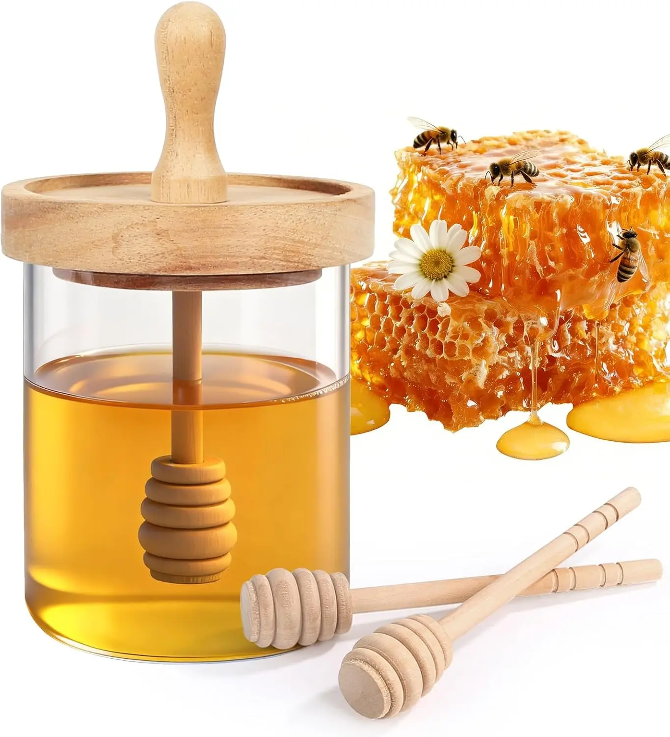 12 Oz Clear Glass Honey Jar with 2 Wooden Dippers & Lid, Honey Pot Dispenser Container for Home Kitchen Store Honey and Syrup Easy to Clean