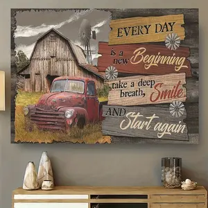 2D Flat, 1 Piece Country Farmhouse Canvas Poster - Vintage Red Truck, Barn and Windmill Decorative Painting with Positive Quotes - Wall Art Hanging Picture, Suitable for Living Room, Kitchen, Office, Cafe - Ready-to-Hang Country Decoration, Farmhouse Styl