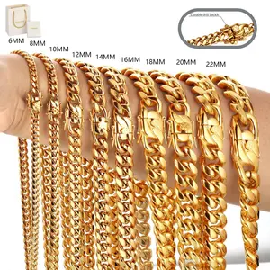 Unisex Gold-Plated Stainless Steel Miami Cuban Chain Hip-Hop Necklace, Men's Jewelry Necklace, 6-22 mm Wide, 16-30 in Long, Corrosion-Resistant, Hypoallergenic, Gift Boxed, Summer Vibes, Cuban Link Necklaces, Gold Chain Necklaces