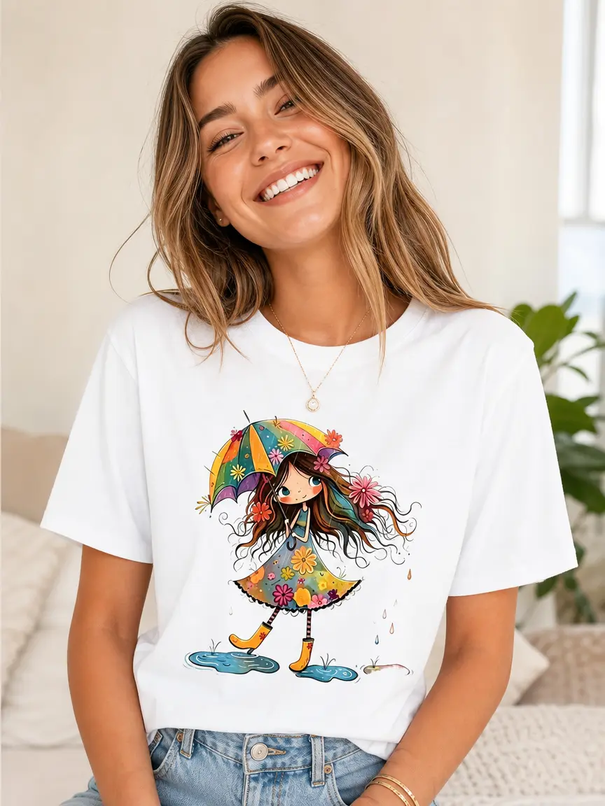 Women's Short-Sleeve Fitted Casual Watercolor Graphic T-Shirt - Curly Hair Girl, Rainbow, Colorful Umbrella, Cloud Designs, Everyday Jeans-Style Tee, Shortsleeve, Tops