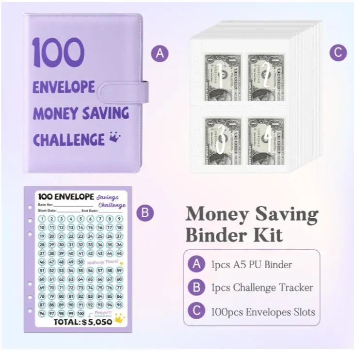 100 Envelopes Money Saving Challenge Binder, Savings Challenges Book with 100 Envelopes  in Fun & Motivating Way, A5 Envelope Challenge Binder Kit