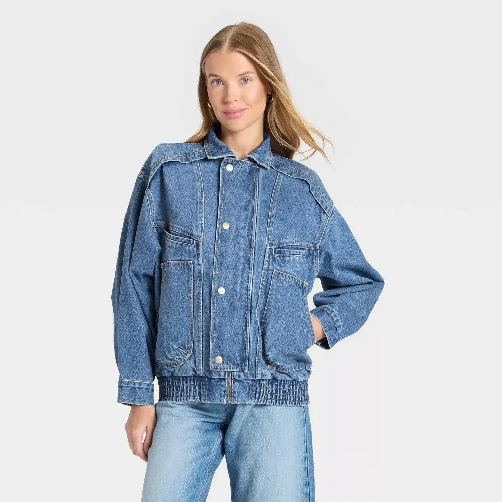 Women's Relaxed Bomber Denim Jacket - Universal Thread Medium Wash L