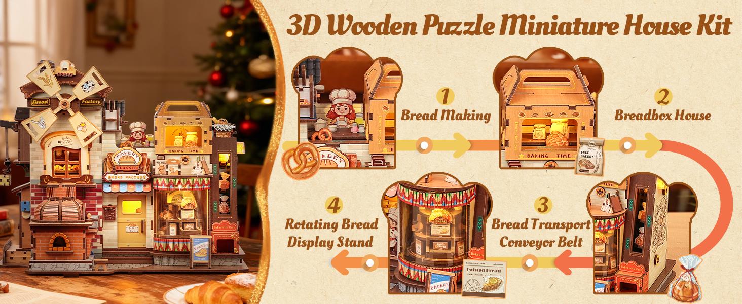 CUTEBEE 3D Wooden Puzzle Bread Factory - 576pcs Mechanical Building Kit with Lights & Music, Retro Bookshelf Insert Booknook, Aesthetic Room Decor & Craft Gift