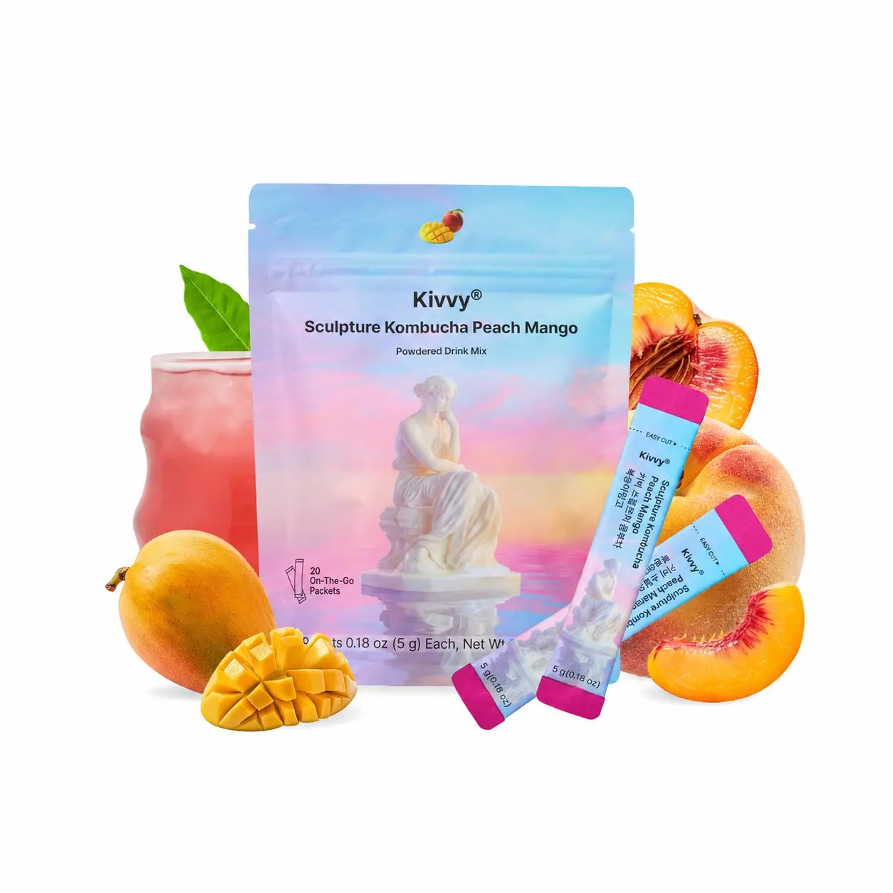 Kivvy Korean Debloat Kombucha Beverage (20 Servings, Peach Mango Flavor) with Lemon Balm, Lion's Mane, Instant Powder - Sugar-Free, 0-Calorie, Natural Gut Cleanse, Digestion Support, Stress Calm & Clarity