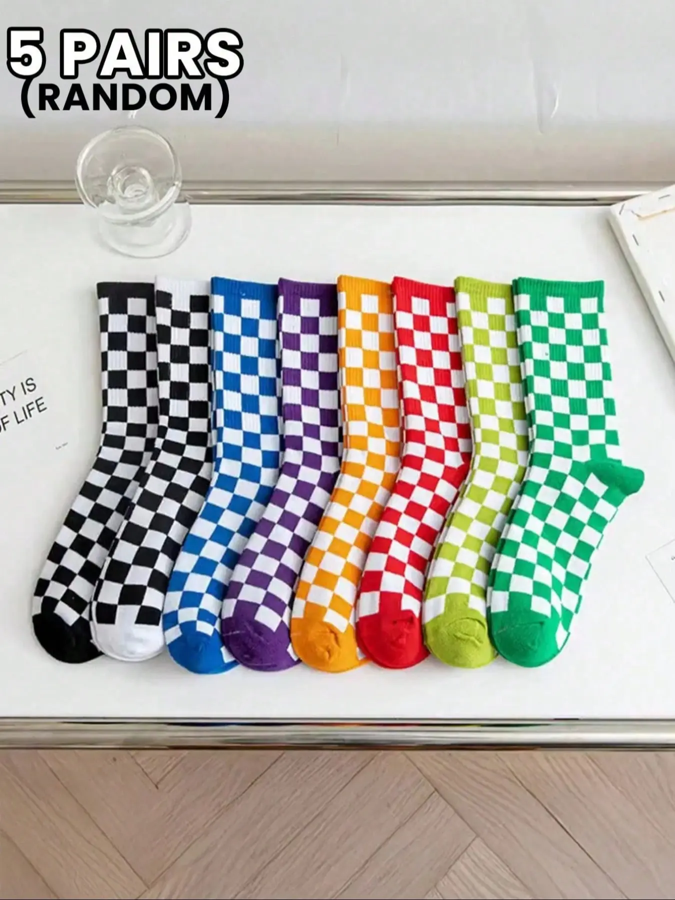 5 pairs of unisex random checkered mid-calf socks, Sock Set, minimalist, stylish, retro, soft, comfortable, casual daily wear socks, suitable for everyday family wear, fall sock styles, Socks Men