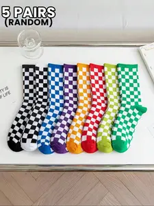 5 pairs of unisex random checkered mid-calf socks, Sock Set, minimalist, stylish, retro, soft, comfortable, casual socks, suitable for everyday family wear, fall sock styles