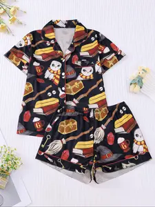 Women's Owl Pattern Sleepwear, Loungewear, Pajama Set, Short Sleeve Lapel Button Soft Top & Elastic Shorts, Casual All-Season Home Wear