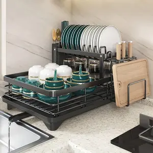 2-Tier Dish Drying Rack, Large Capacity Countertop Dish Rack with Drain Tray & Utensil Holder, Kitchen Plate & Bowl Organizer for Home