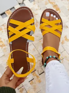 Women's New 2026 Blue Silver Color Roman Sandals, Casual Flat Shoes Summer Unique Flat Toe Open Soft Sole Slippers