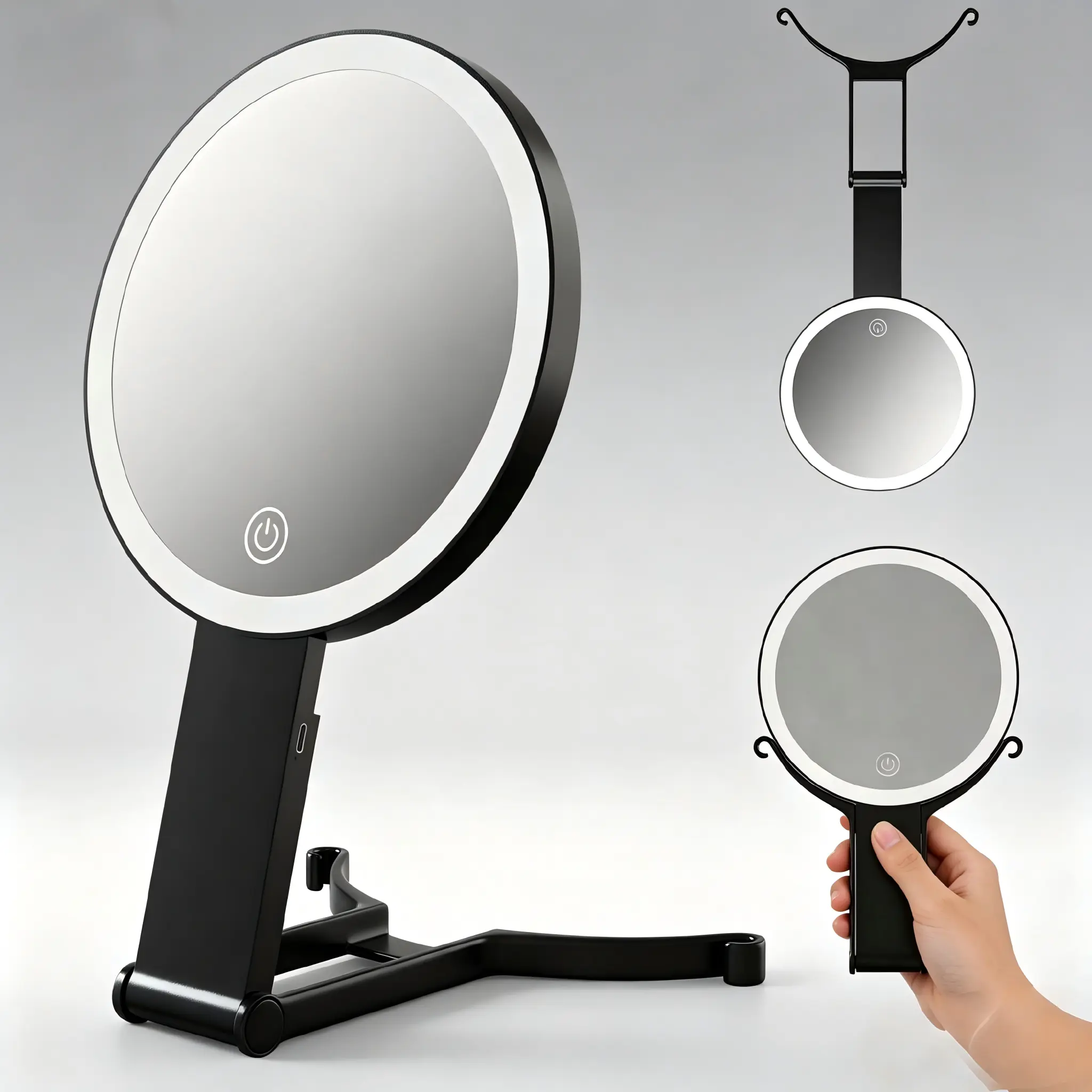 Portable Travel Makeup Mirror with 3 Color Light, Double Sided 20X /1X Magnifying Mirror with Light, Portable hand mirrors with handle for Desktop Travel Use (1x/20x- Black)，Vanity Mirrors for Women