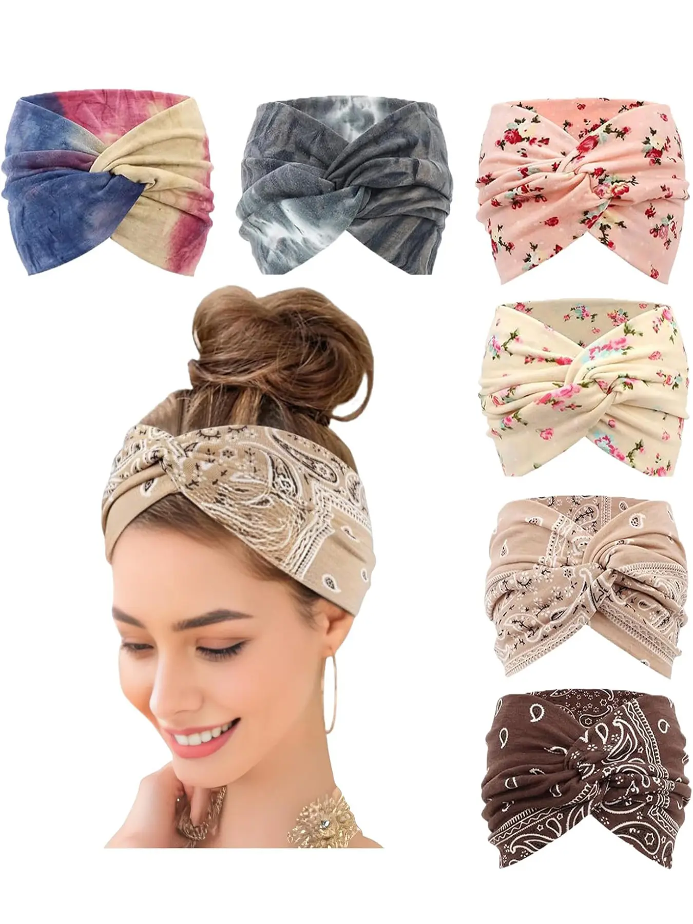 Bohemian printed combination headband, suitable for girls' headband, fashionable and comfortable elastic Hair Band, Workout Gym Headband, Chic Hairbands, Elastic Headbands, Stretchy Headbands, can run and exercise, suitable for a variety of occasions.