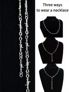 Punk Gothic Thorns Metal Barbed Wire Chain Necklace Bracelet Silver Jewelry for Men Women Adjustable Necklace