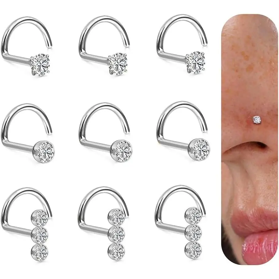 Women's 316 Surgical Stainless Steel Nose Studs - 20 Gauge Hypoallergenic Female Jewelry, L-Shaped & Cork Stud Styles, 1.5/2/3mm CZ, 7mm Length, Smooth Finish for Daily Wear, Casual, Commute Nostril Piercing, Hypoallergenic Nose Studs