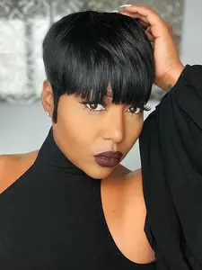 Short Straight Pixie Cut Human Hair Wig with Bangs, Natural Looking Human Hair Wigs for Women, Full Machine Wigs for Party, Daily Use