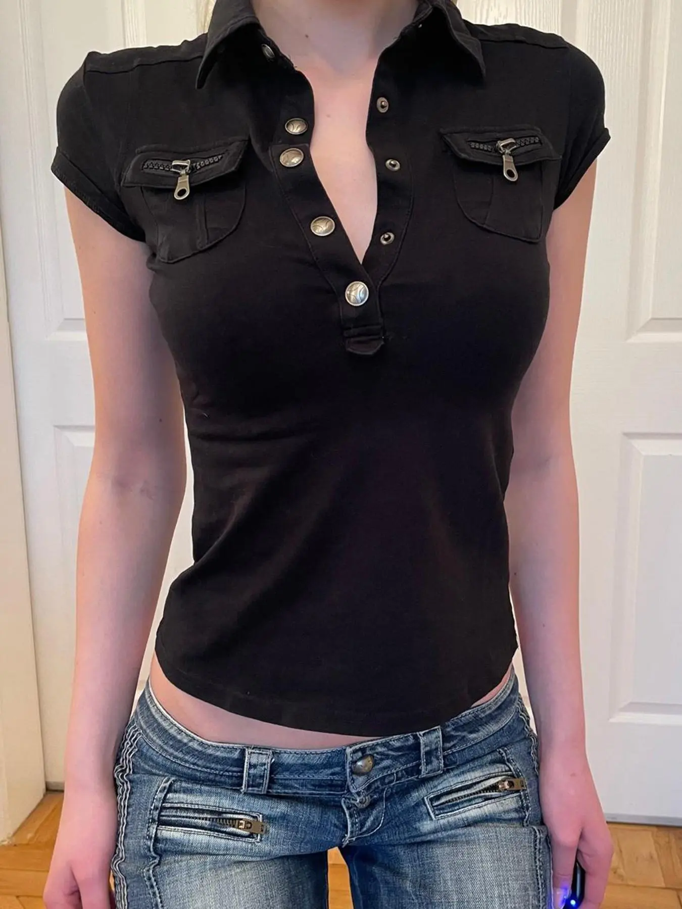 Women's Plain Flap Pocket Button Tee, Casual T-shirt for Summer, Women's Top for Daily Wear, Button Front Blouse, Casual Basic Top