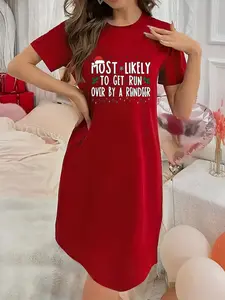 Soft and Slightly Stretchy Women's Nightgown Christmas Attire Most Likely To Get Run Over By A Reindeer Pattern Short-Sleeve Crew Neck Nightdress Sexy, Elegant, and Youthful Women's Christmas Dress Perfect for Halloween, Christmas, and New Year's Gifts