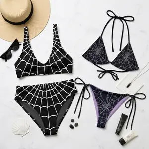 Spired Web Pattern High Waisted Bikini Set – Black and White Noir Style Swimsuit, Alternative Indie Beachwear, Recycled Fabric Summer Pool Vacation Swimwear