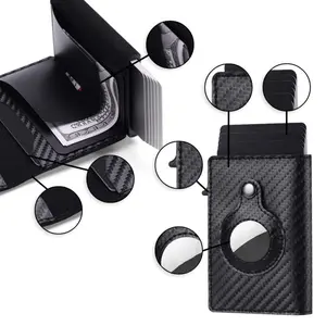 Compact RFID Blocking Cowhide Leather Bifold Card Holder - Magnetic Close, 6-9 Slots, Tracker, Carbon Fiber, Side Switch, Credit Card Organizer, Party Gift (Multiple Colors)
