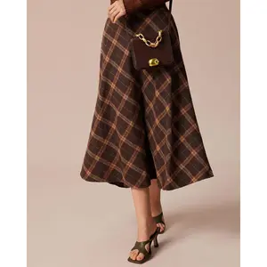 The Brown Elastic Waist Plaid A-Line Midi Skirt