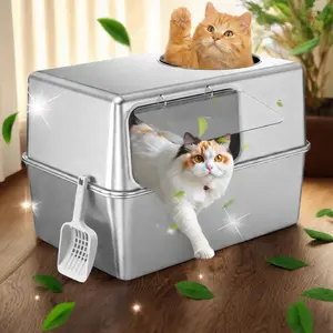 2026 Upgrade Enclosed XL Extra Large Stainless Steel Cat Litter Box with Lid Odour Control Easy Cleaning Non Stick Cat Toilet