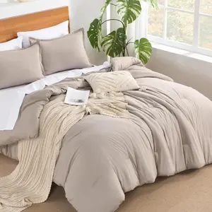 Queen Comforter Set - 7 Pieces Bed in a Bag Queen Bedding Comforter Sets Oatmeal, Winter Soft Lightweight Comforter with Fitted Sheets, Flat Sheets, Pillowcases & Shams