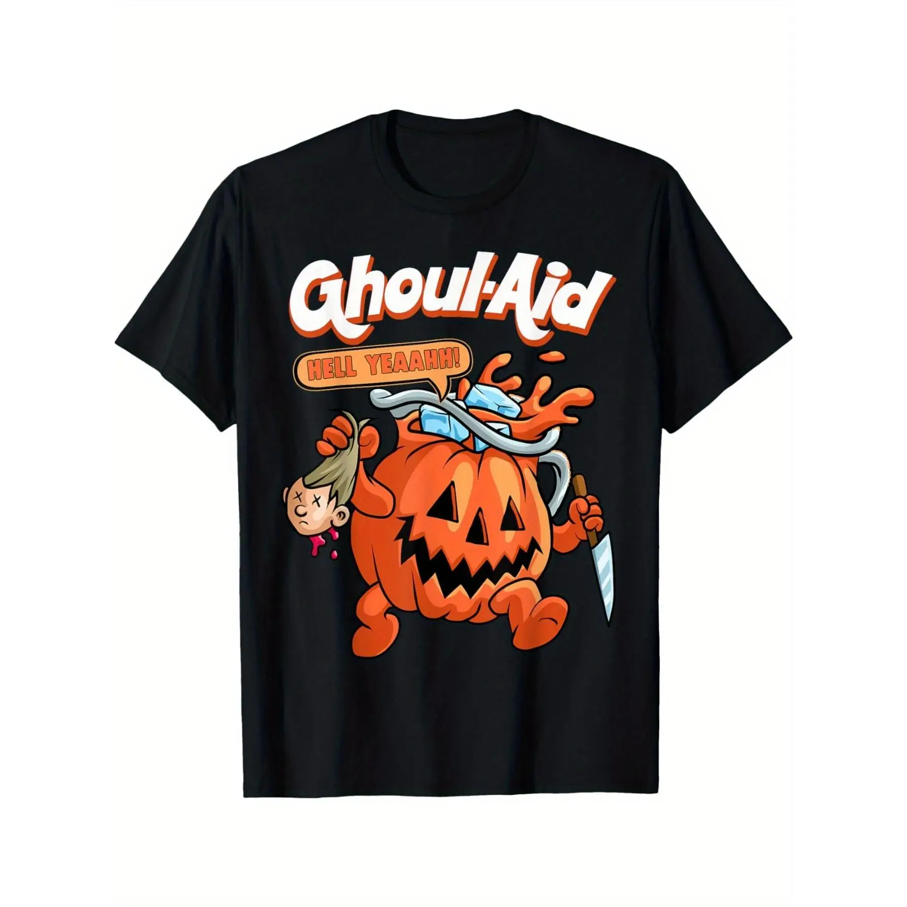 Men's Halloween Ghoul Aid Pumpkin Graphic T-Shirt - 100% Cotton, Short Sleeve, Crew Neck for Casual Wear Menswear Top Black Streetwear